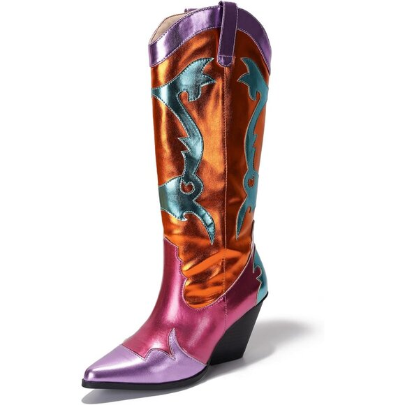 Women's Orange Metallic Mid Calf Western Pointed Toe Comfortable Heel Boots